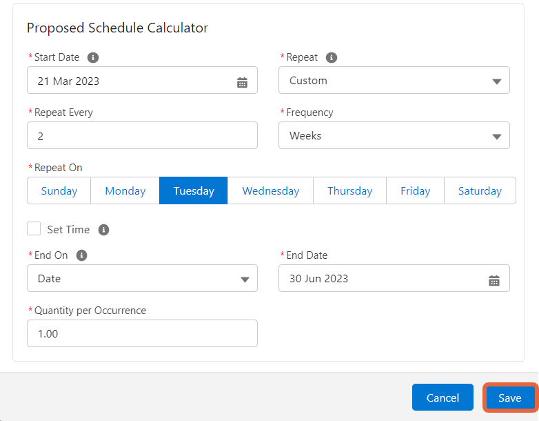 proposed schedule calculator fields and save button