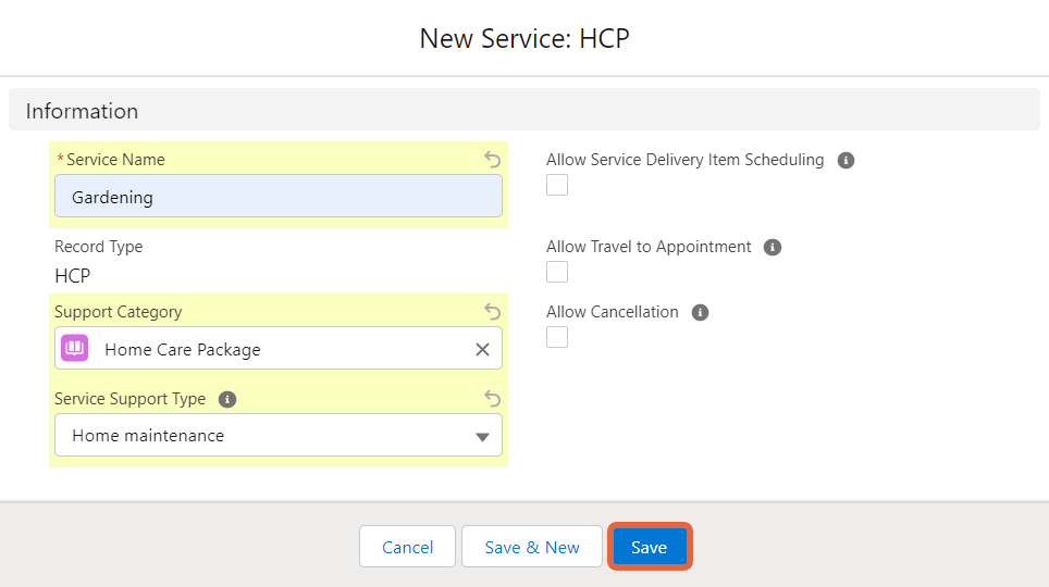new service form save button
