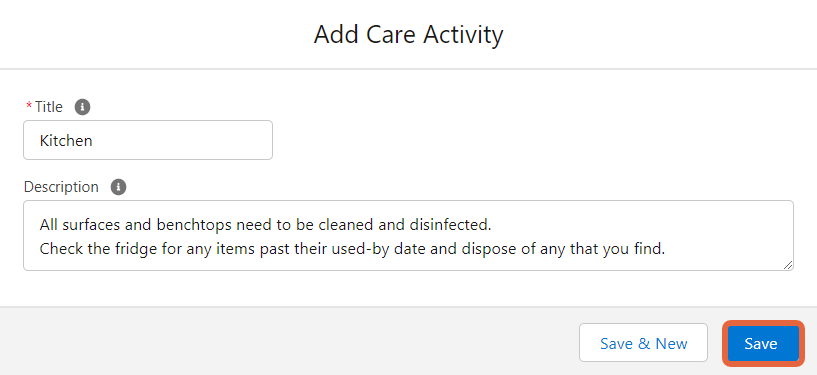 care activity form fields and save buttons