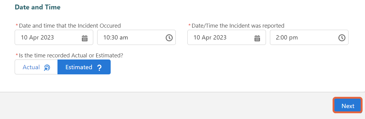 new incident form time fields