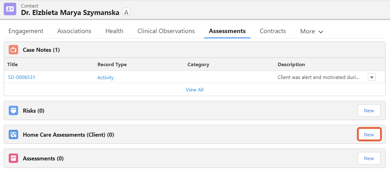 new home care assessment button