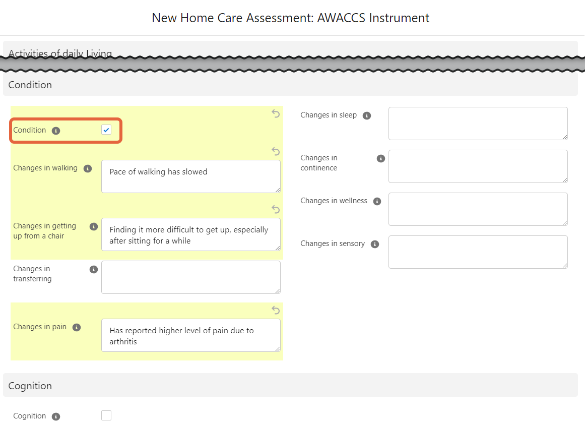 awaacs condition checkbox and fields