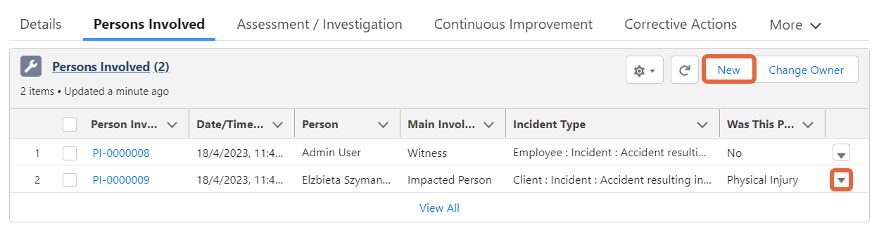 persons involved tab new and edit options