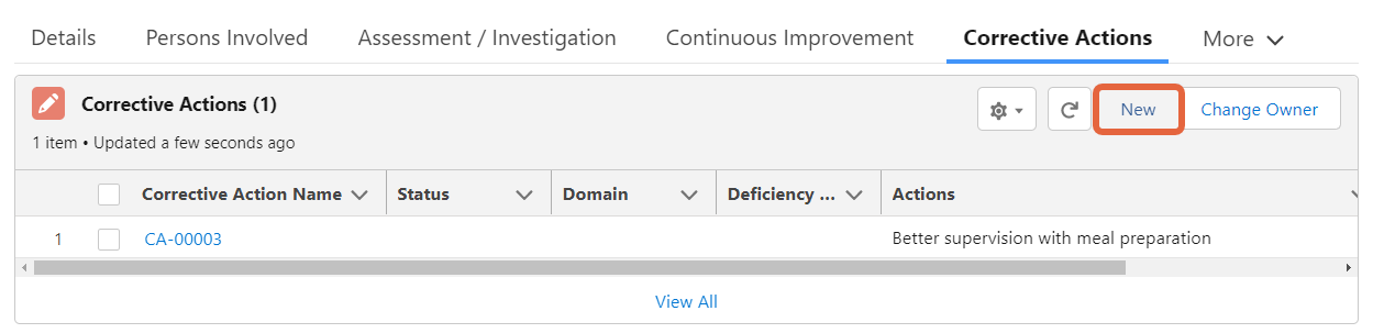 corrective actions tab new button