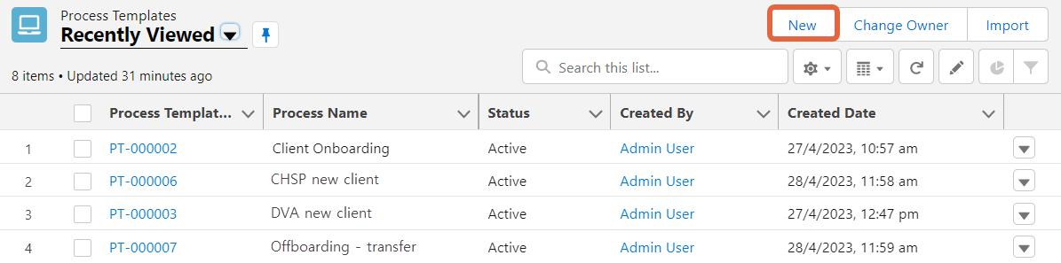 new process template button