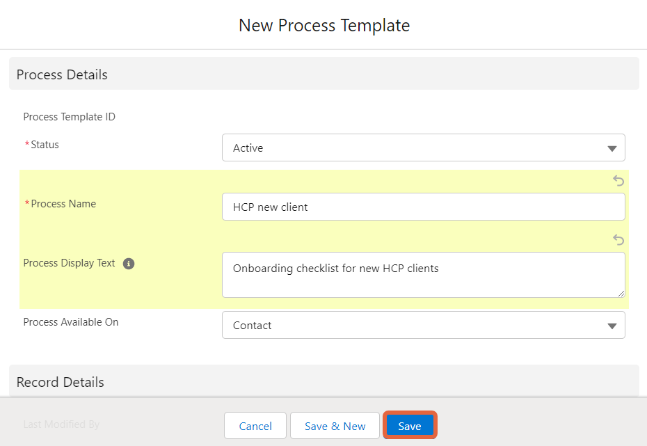 new process template screen