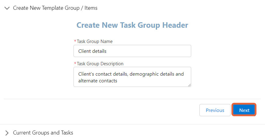 create new task group screen