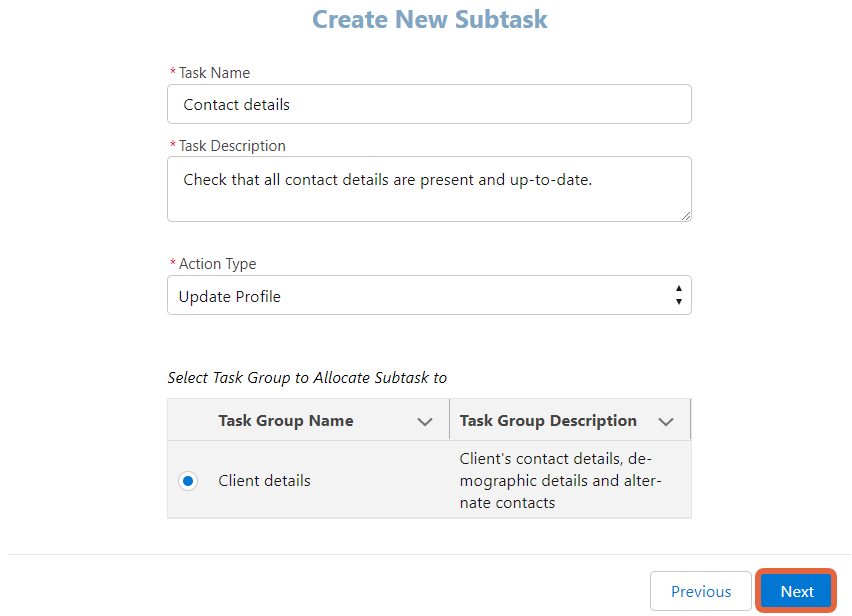 new subtask screen