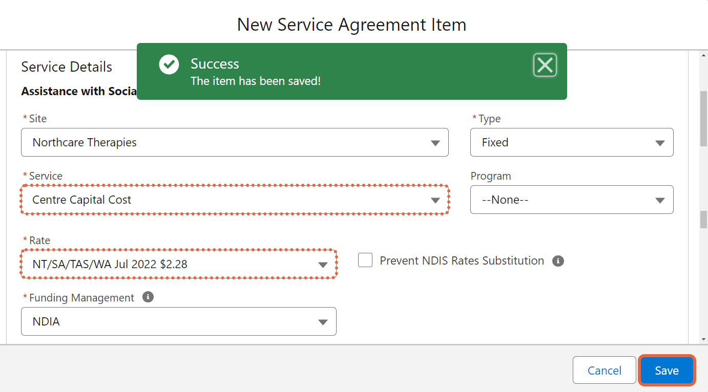New centre capital cost service agreement item