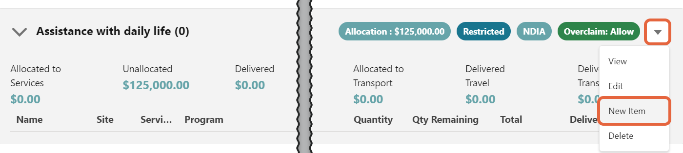 New service agreement item button
