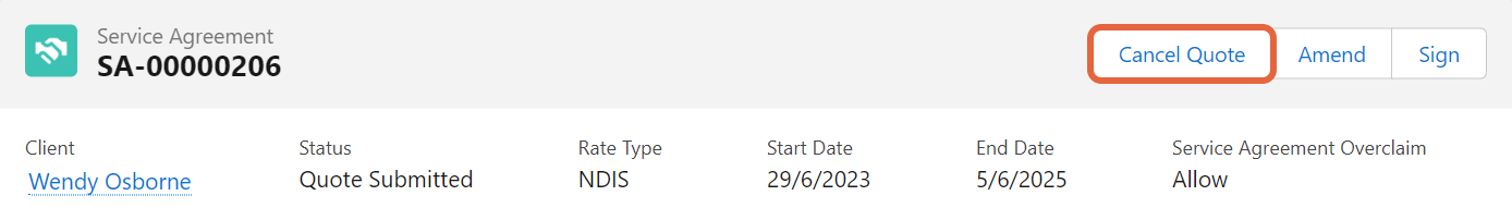 Quote submitted service agreement Cancel Quote button