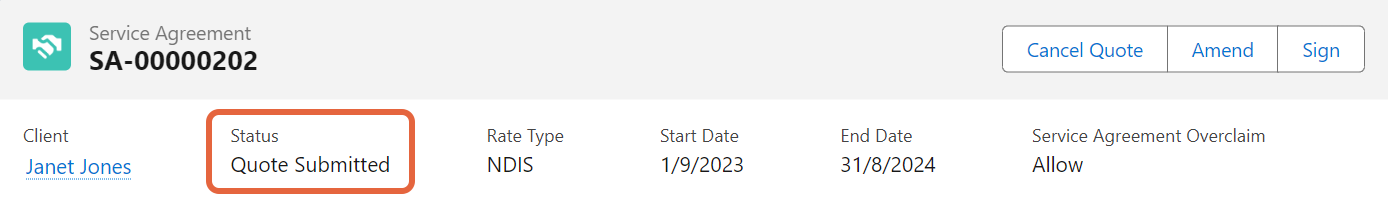 Service agreement with quote submitted status
