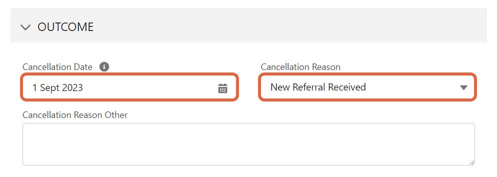Cancellation date and reason fields