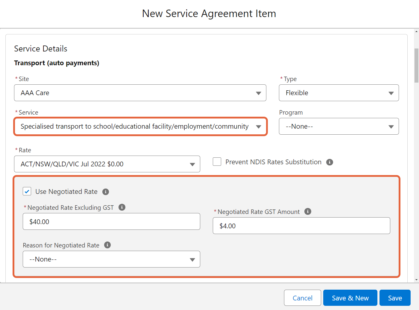 Transport service agreement item with negotiable rate