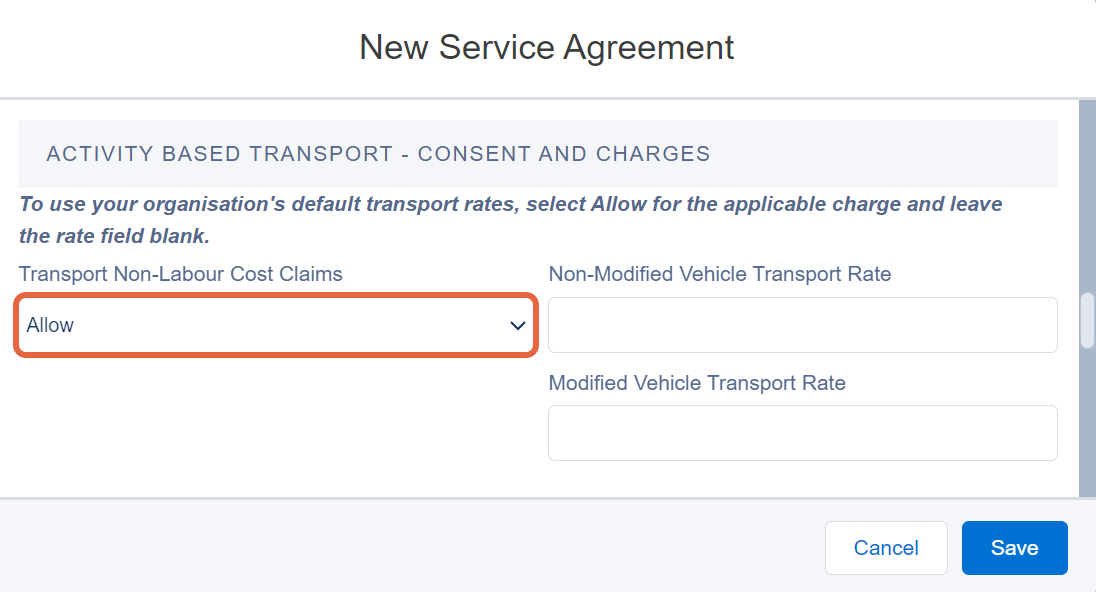 Service agreement transport consent and charges fields