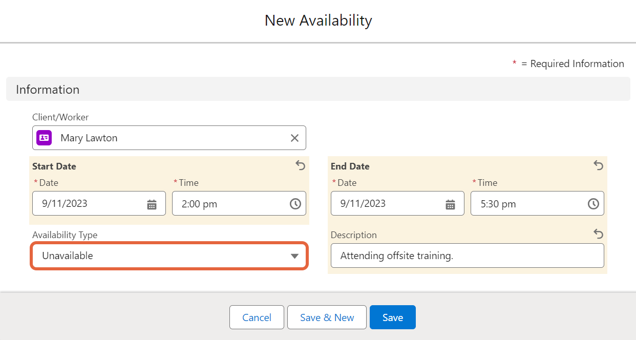 New Availability form