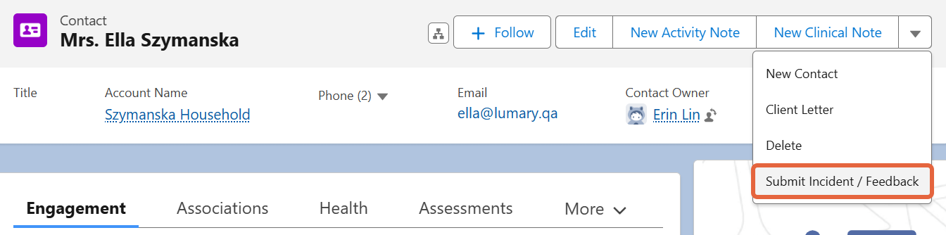 Client record showing Submit Incident / Feedback button