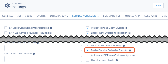 Enable Service Deliveries Transfer setting
