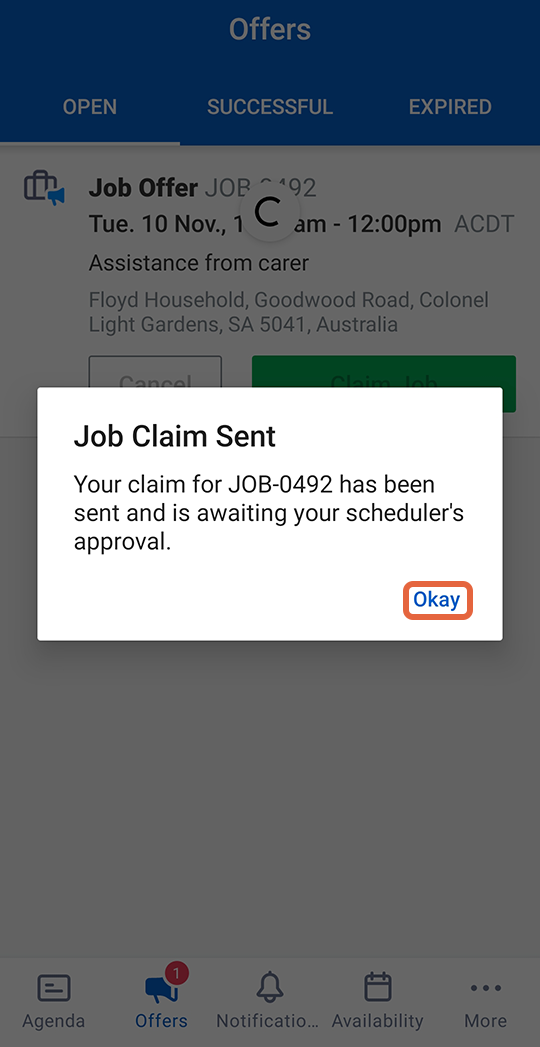 job claim sent