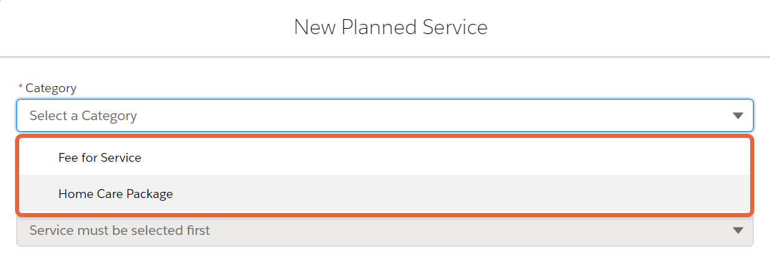 New planned service category drop-down list