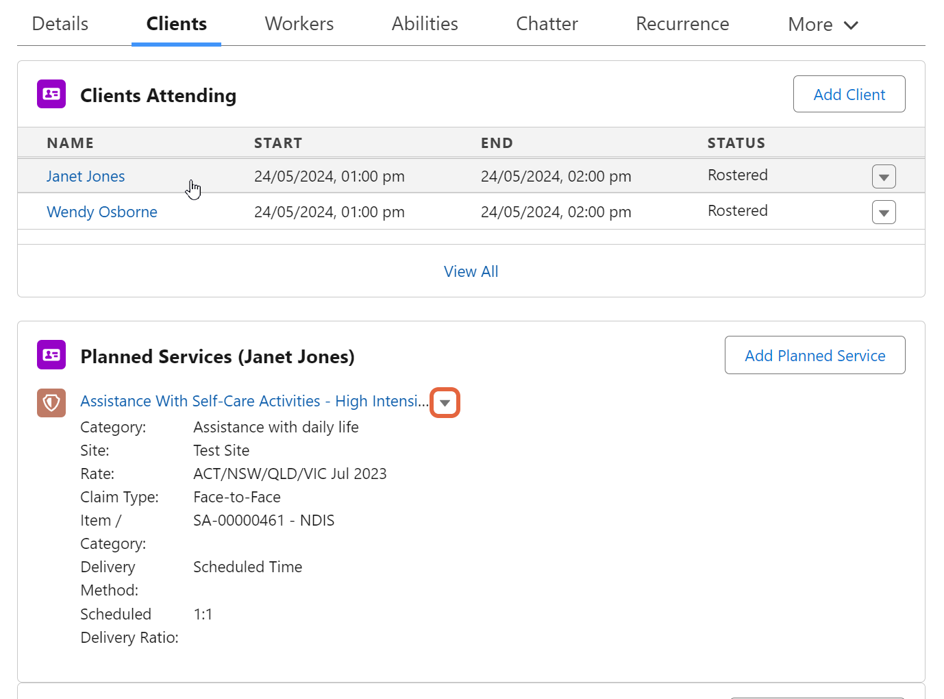 Session record showing planned services