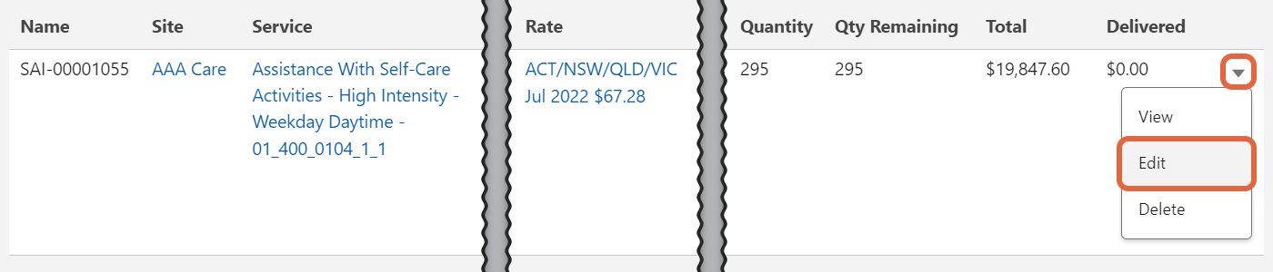 Service agreement item edit option