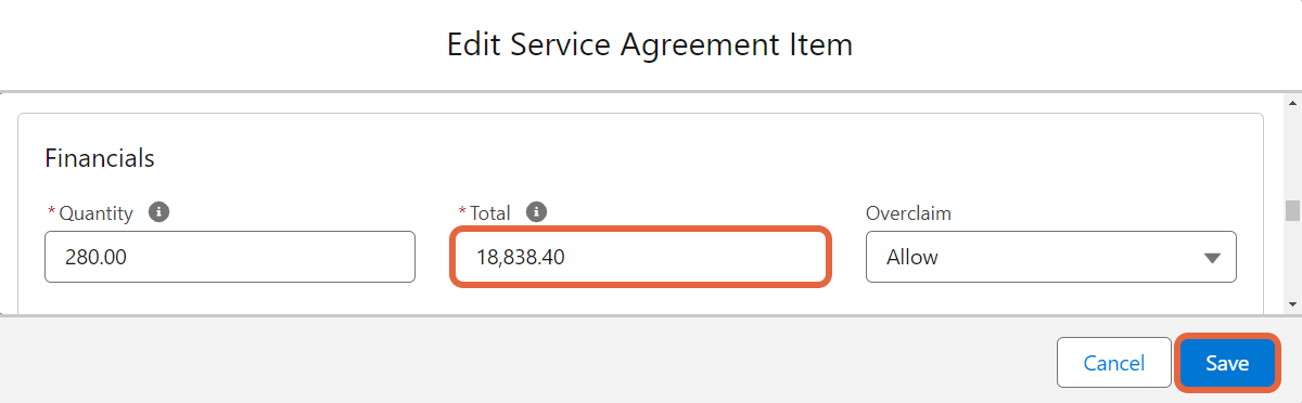 Edit service agreement item form