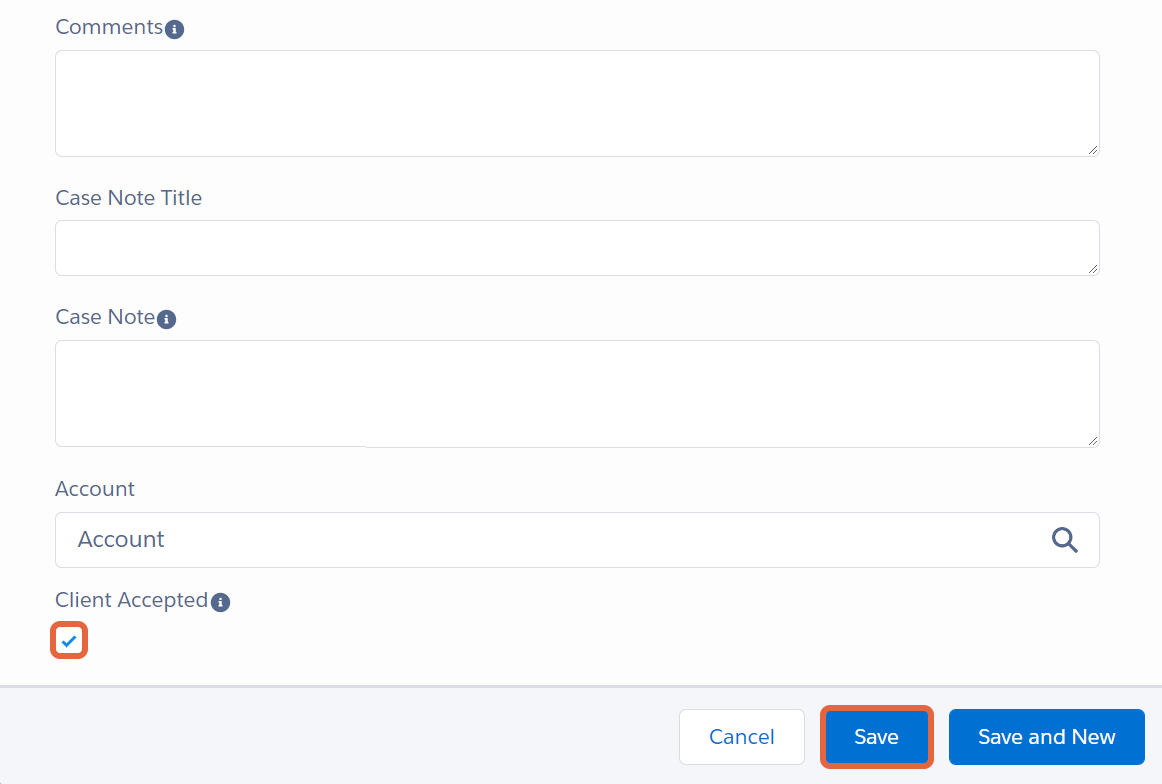 Comments, Case Note, Account, Client Accepted fields and Save button