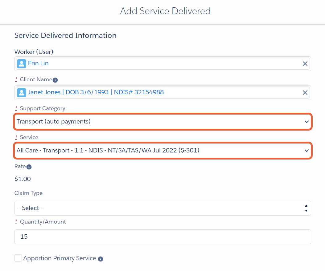 Add service delivered form