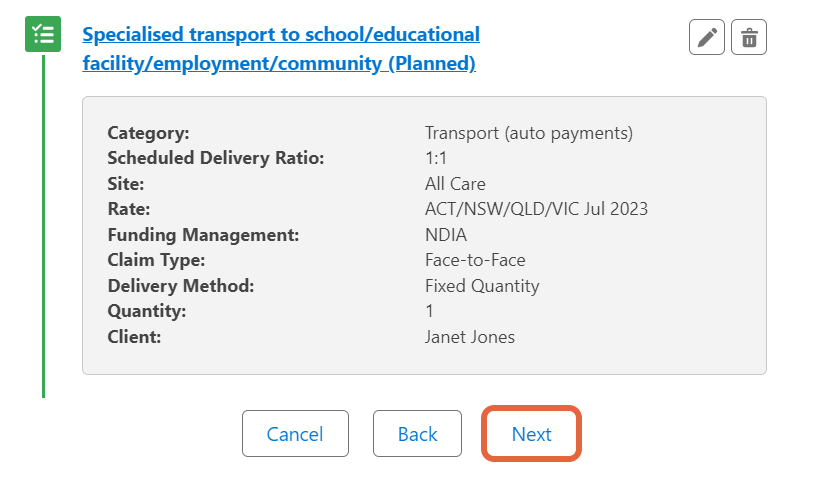 Planned service for specialised transport summary and next button
